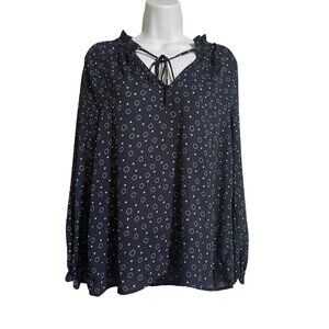 Ann Taylor Factory Womens Blouse Size Small Navy & White Polka Dot Long Sleeve